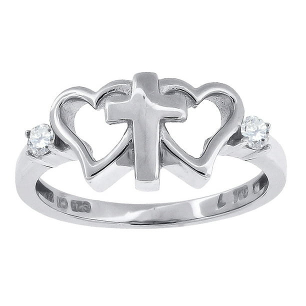 Cubic Zirconia Heart Cross 925 Sterling Silver Band Ring